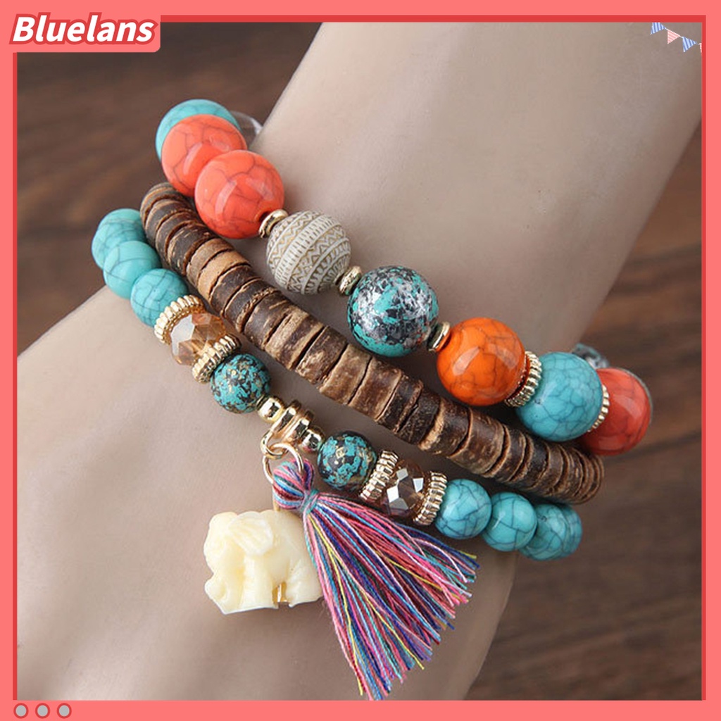 3pcs / Set Gelang Tali Elastis Multilayer Bahan Resin Hias Manik-Manik Gajah Rumbai Gaya Bohemia Untuk Wanita