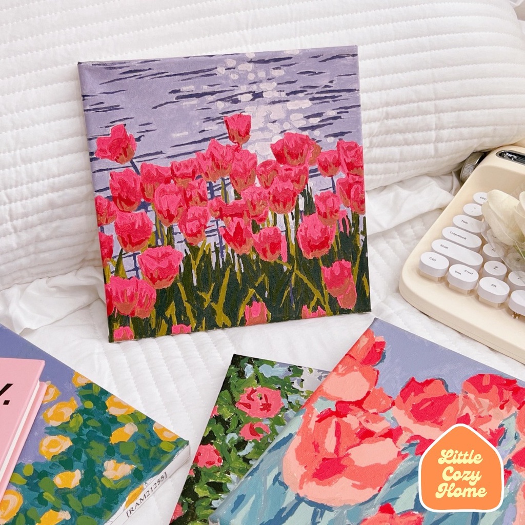 DIY Paint By Numbers Kit Flowers Canvas 20x20cm / Paket Melukis DIY Bunga / Aesthetic Decoration / Dekorasi Rumah Imut Korean Kanvas Style