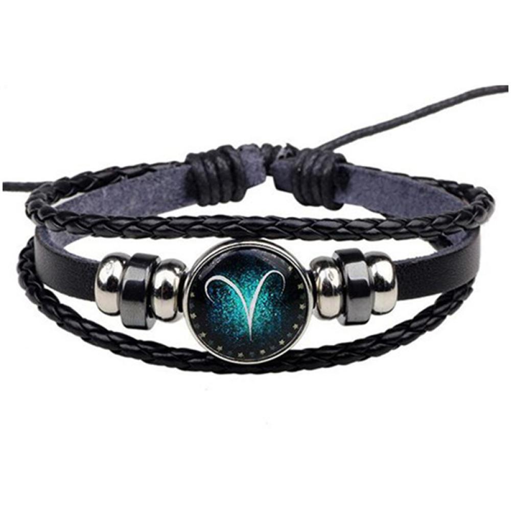 Timekey Gelang Tali Kulit Kepang Multilayer Dengan Charm Bulat Motif Zodiak Untuk Priawanita W9Z1
