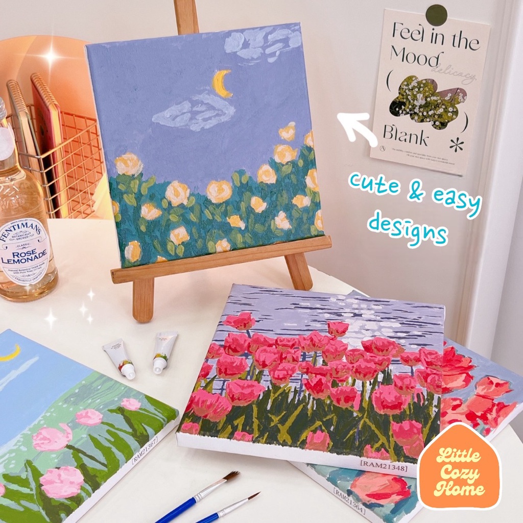 DIY Paint By Numbers Kit Flowers Canvas 20x20cm / Paket Melukis DIY Bunga / Aesthetic Decoration / Dekorasi Rumah Imut Korean Kanvas Style