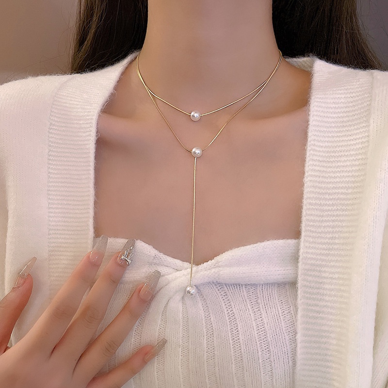 Kalung Choker Model Rumbai Panjang Double layer Aksen Mutiara