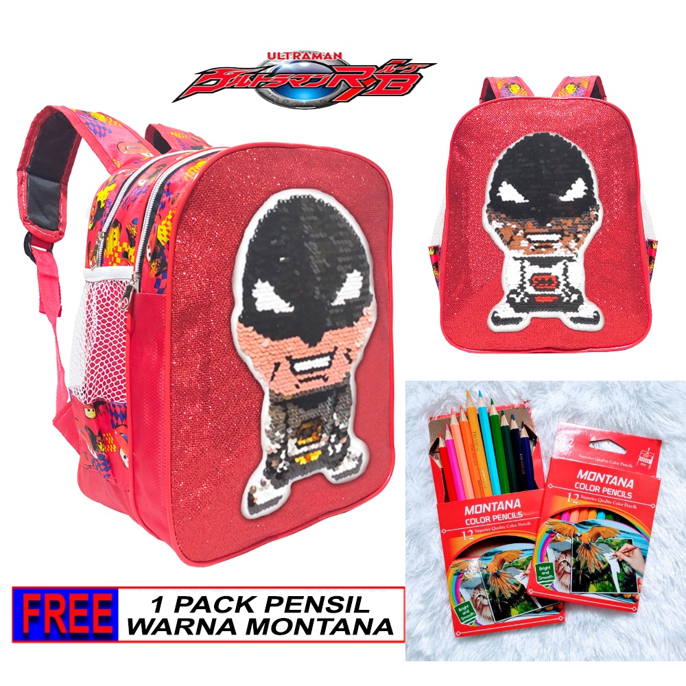 Tas Sekolah Anak Laki-Laki PAUD/TK Ransel Sequin/Usap karakter ULTRAMAN FREE PENSIL WARNA 1 PACK