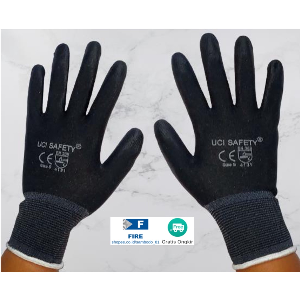 Sarung Tangan Palm Fit Ukuran S,M, L, XL Proyek Satpam Anti Slip Hitam Black Hand Gloves Mekanik Montir Berkebun Tukang Telapak Tangan dilapisi karet Bahan Nylon Polyester Elektronik Assembly Static Multi Purpose Polyurethane