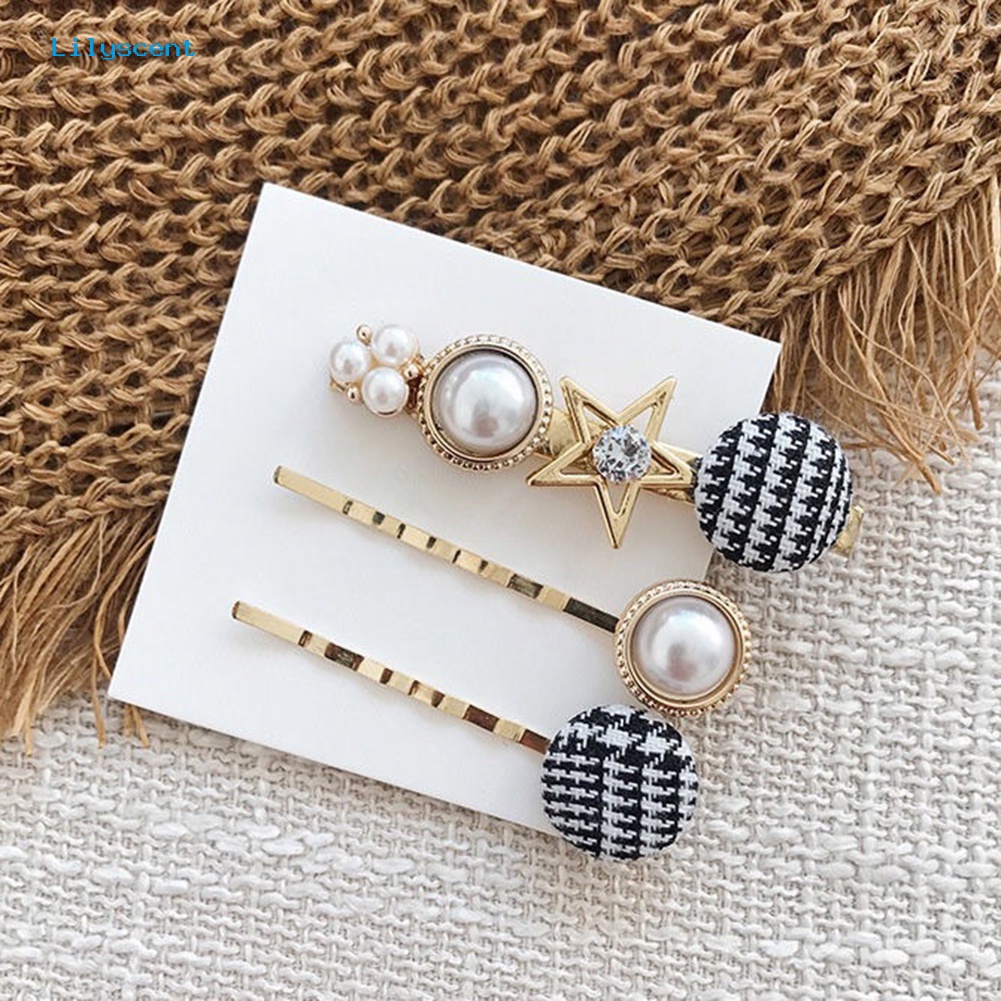 3pcs / Set Jepit Rambut Mutiara Imitasi Bentuk Hati Bintang Houndstooth Untuk Wanita