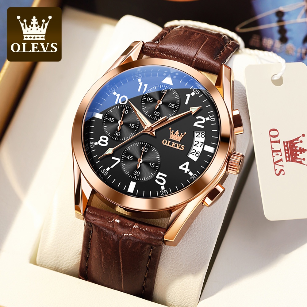 OLEVS Jam Tangan Pria Original Anti Air Kulit Tahan Keren Luminous Hitam Coklat Luxury Chronograph Watch Men Multifungsi