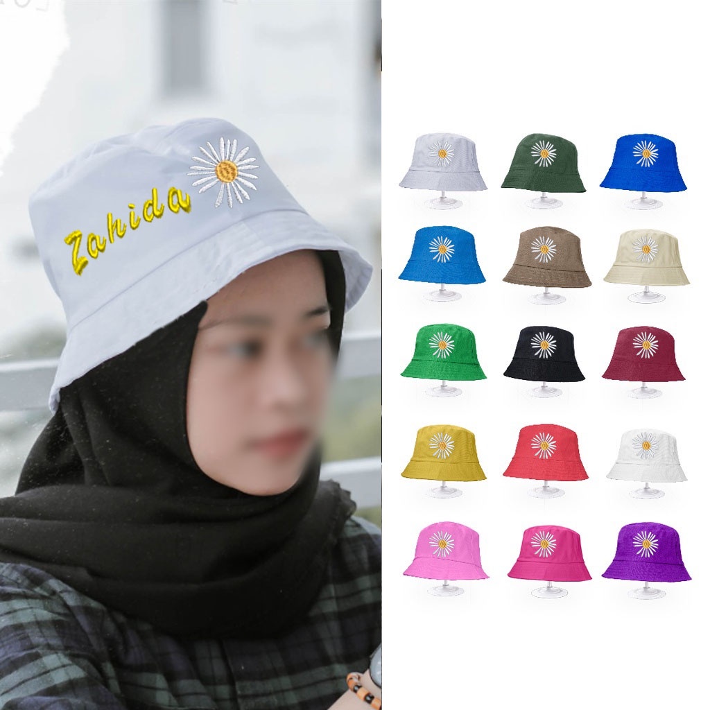 Bucket Wanita Bordir Bunga Daisy + Bordir Nama Usia 8 Tahun ke atas Remaja - Dewasa