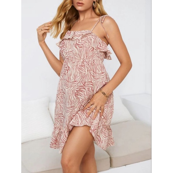 SHEIN Maternity Zebra Striped Tie Shoulder Ruffle Trim Cami Dress