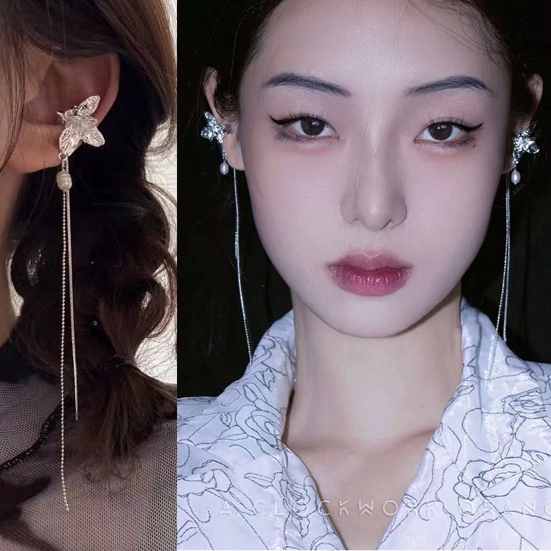 Anting Klip Tanpa Tindik Model Rumbai Panjang Aksen Mutiara Warna Silver Untuk Wanita