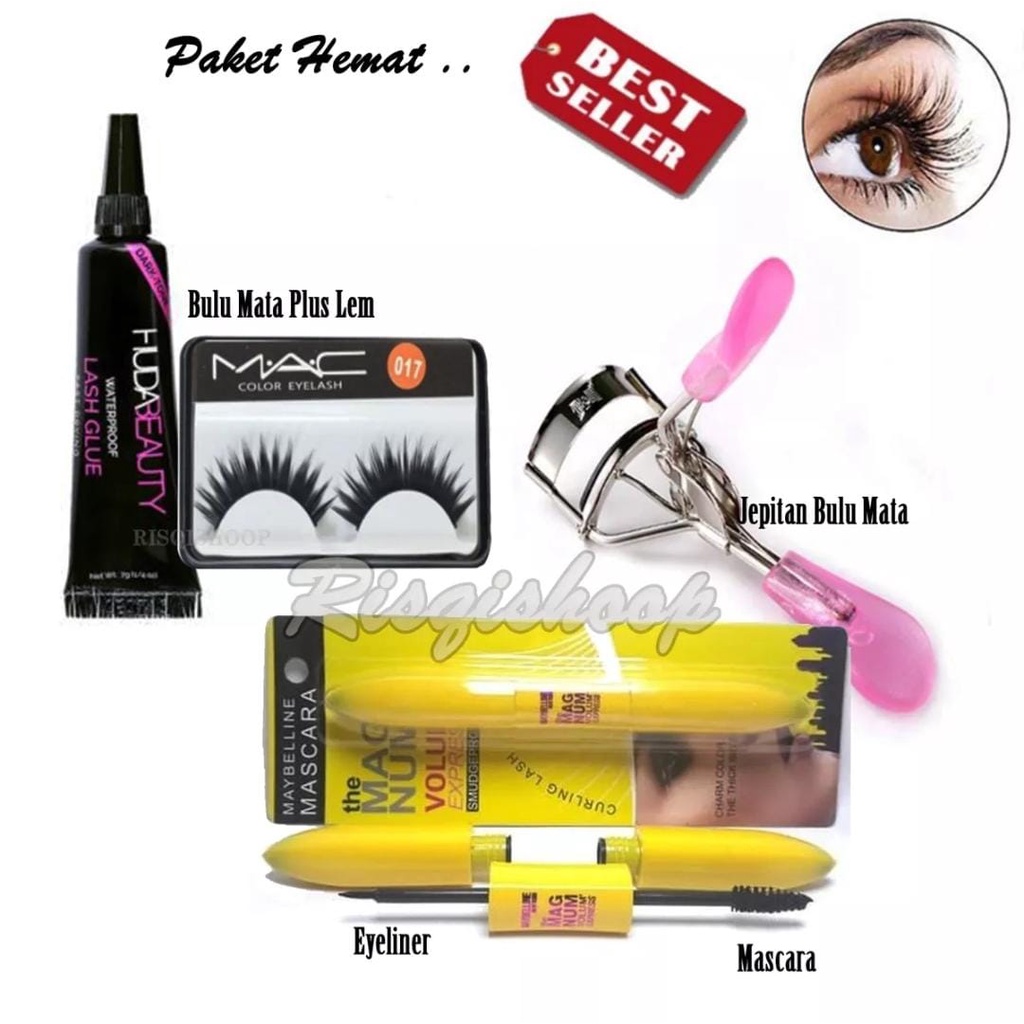 Paket Kecantikan Mata Lengkap Murah / Paket MakeUp Maskara Maybelline + Eyeliner + Pelentik Bulu Mata + Bulu Mata Palsu + Lem Bulu Mata Palsu