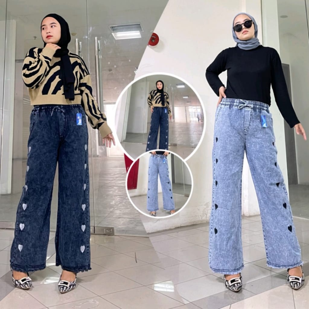 Kulot Jeans BORDIR LOVE RAWIS / Kulot Jeans Wanita Pinggang Karet / TONNI DJAYA