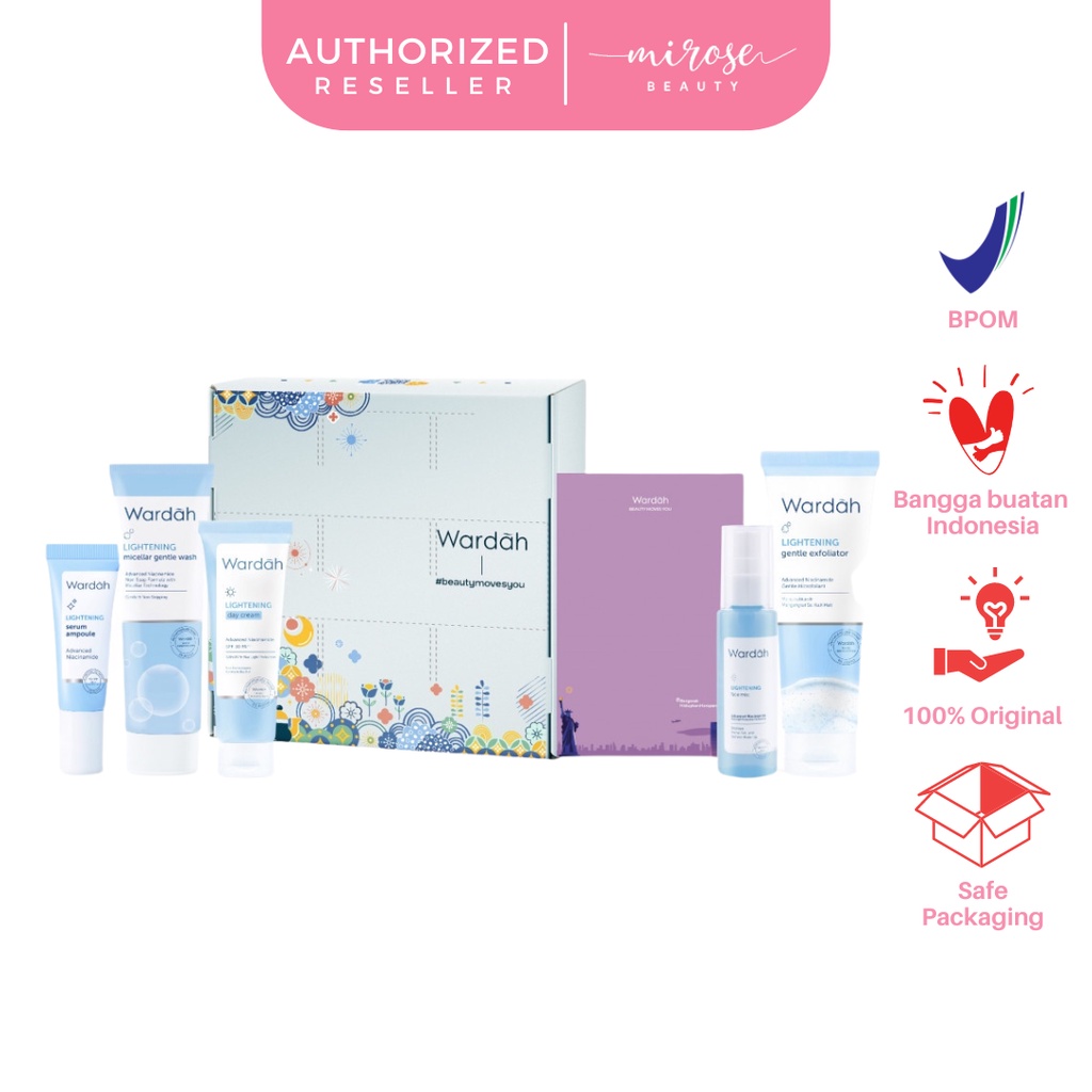 Wardah Lightening Series Hampers + Box Serum Ampoule, Day Cream, Micellar Gentle Wash, Face Mist, Gentle Exfoliator)