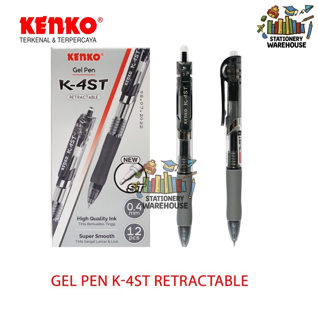 

Pena / Pulpen KENKO GEL PEN K-4ST 0.4 MM Hitam Retractable