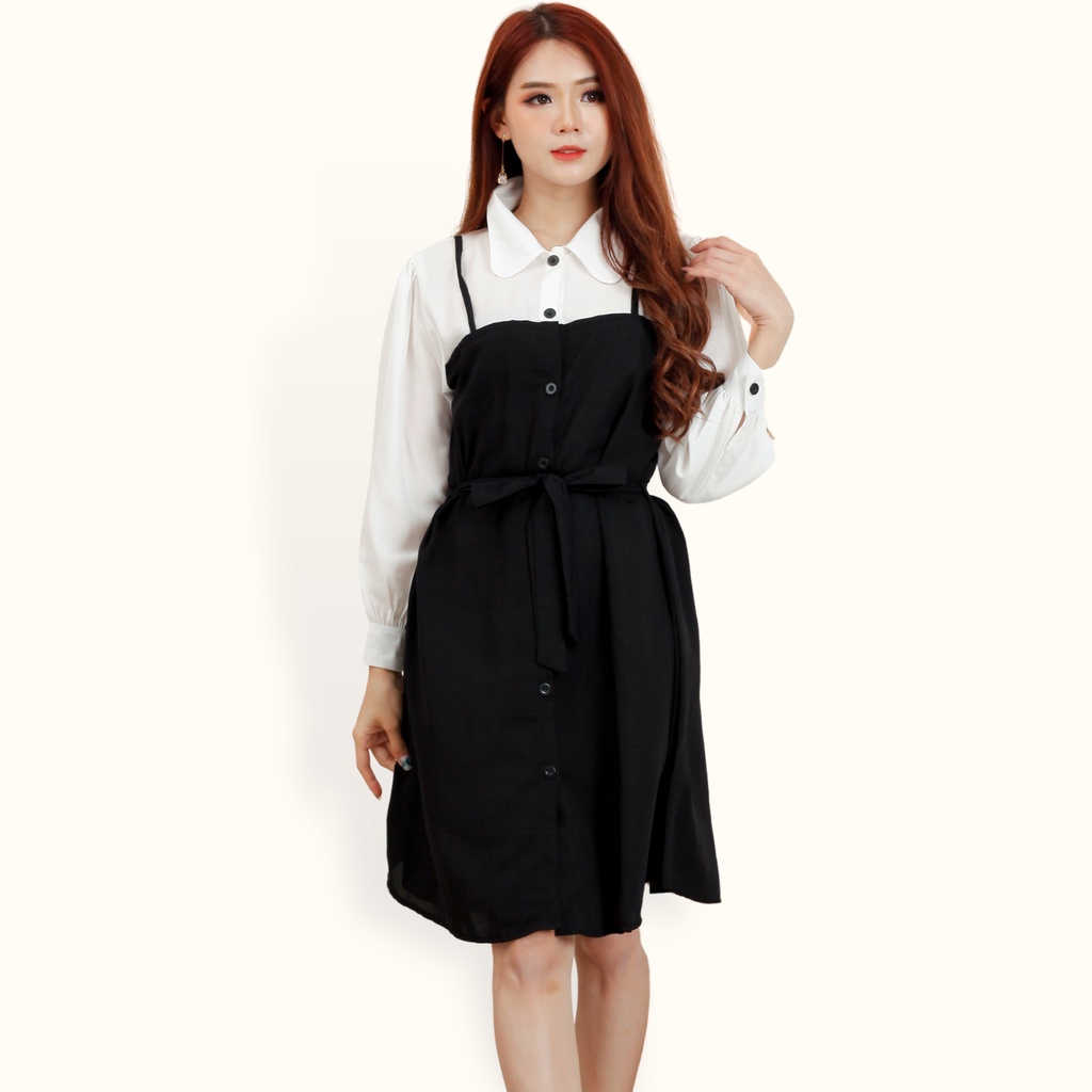 Midi Dress tunik Lengan panjang wanita gaya korea kombinasi warna - XSHOP Kenisha LS