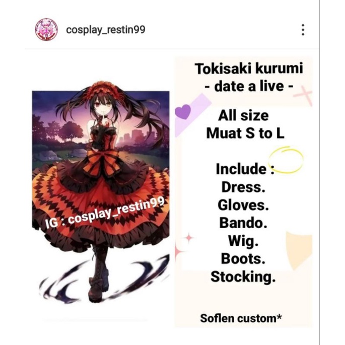 rental/ sewa kostum cosplay anime tokisaki kurumi date a live
