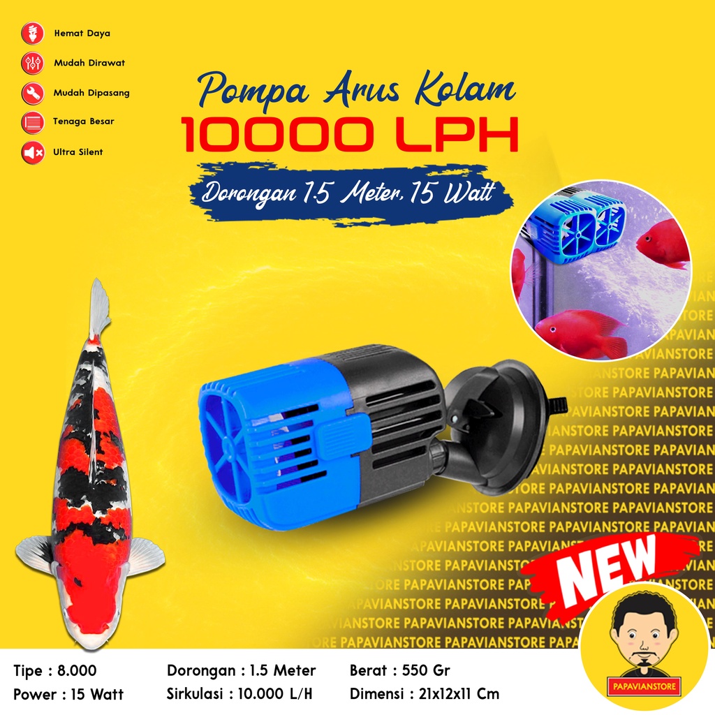 Mesin Pompa Arus Wave Maker Pencipta Ombak Air Kolam Ikan Hias Koi Aquarium Tank Predator Submersible Water Pump Celup Rendam - 24000 LPH Liter Per Jam Semburan 3 Meter Low 25 Watt Rendah Daya Dorong 3m