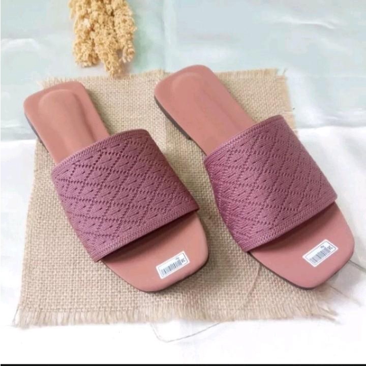 Sandal flat rajut wanita terbaru 2023 / Sendal teplek bahan brokat kekinian