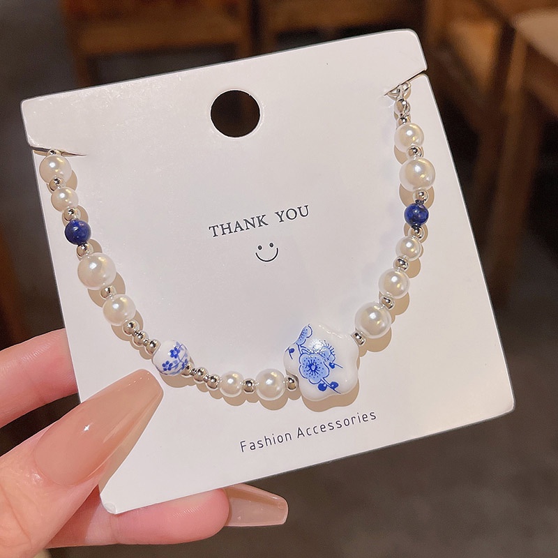 Perhiasan Gelang Tangan Wanita Hias Mutiara Porselen Biru Putih Gaya China