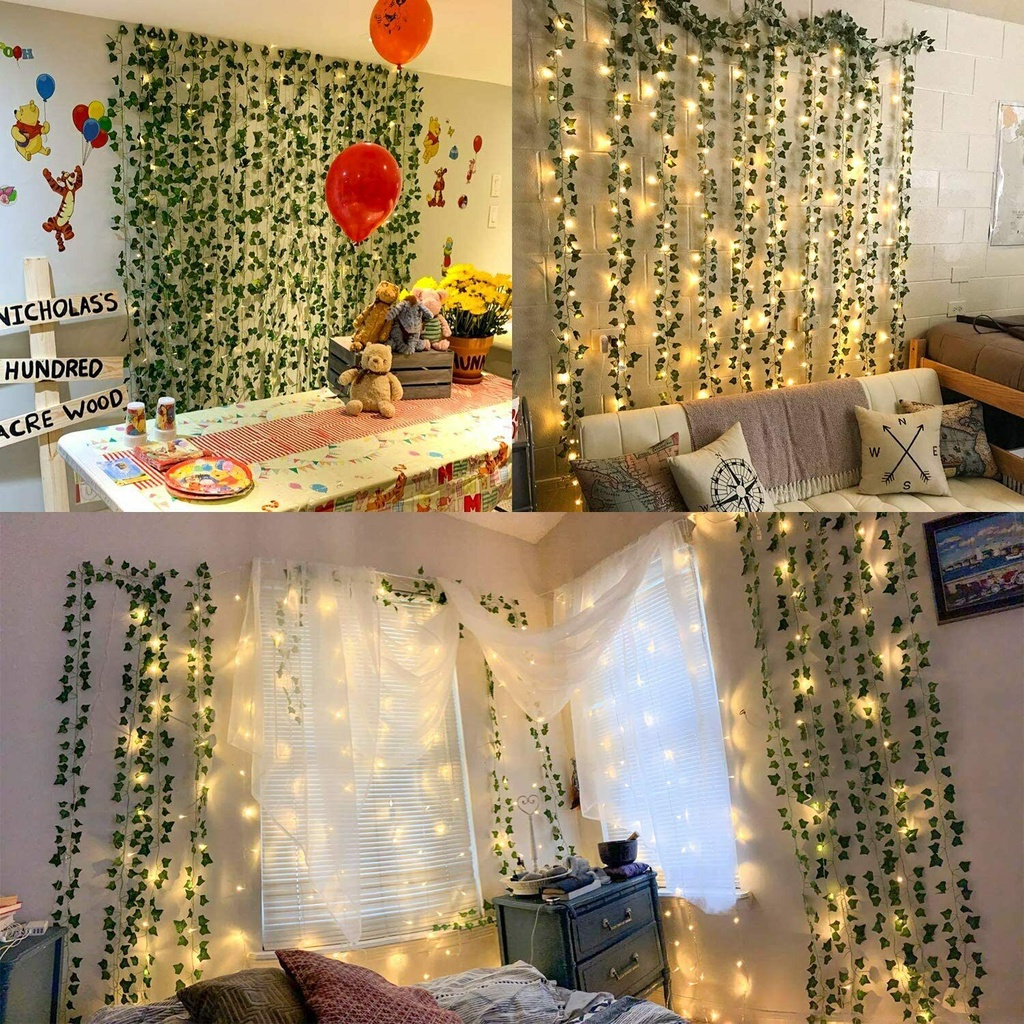 2m Tanaman Buatan Daun Hijau Led String Light Tahan Air Indoor Untuk Natal, Tahun Baru, Pesta, Pernikahan, Ulang Tahun, Kamar Anak Kawat Tembaga Tenaga Baterai Starry Fairy Lights Led