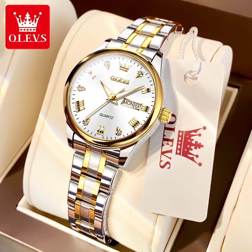 Olevs Jam Tangan Wanita Emas Anti Air Original Stainless Steel Cewek Kalender Bercahaya Luminous Women Watch