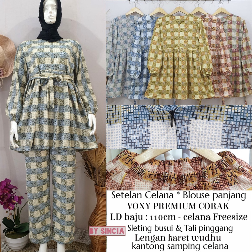 Setelan tunik busui rempel motif kotak putih + tali pinggang + celana bersaku bahan voxy premium mer