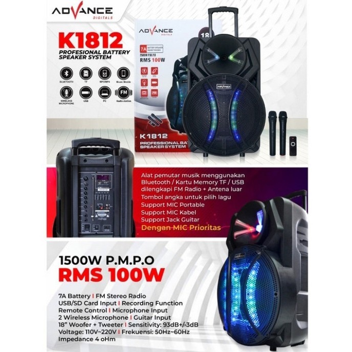 SPEAKER ADVANCE PORTABLE K-1812 K1812 BLUETOOTH 18 INCH KOPER + 2 MIC WIRELESS GARANSI RESMI