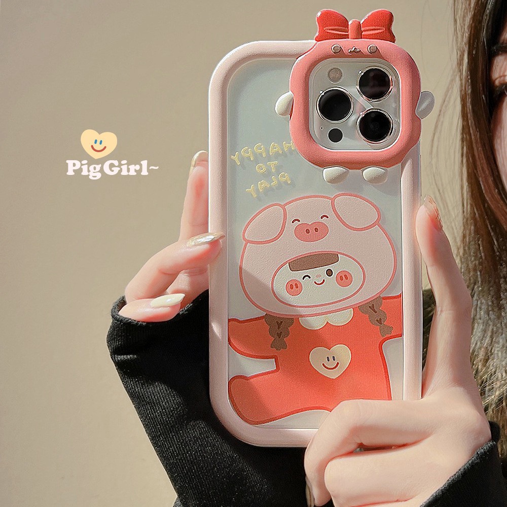 Case Pelindung 2 IN 1 Motif Kartun Babi Pink Kamera 3D Bahan Silikon Untuk Iphone 14 11 12 13 PRO MAX