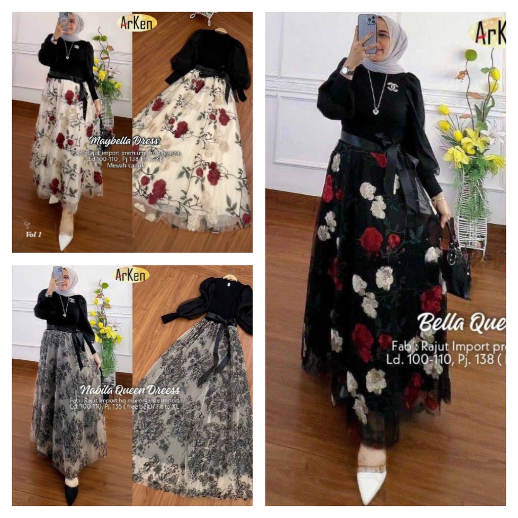 RESTOK VIOLA NABILA MAYBELLA BELLA QUEEN DRESS GAMIS RAJUT TILE MOTIF ORI ARKEN