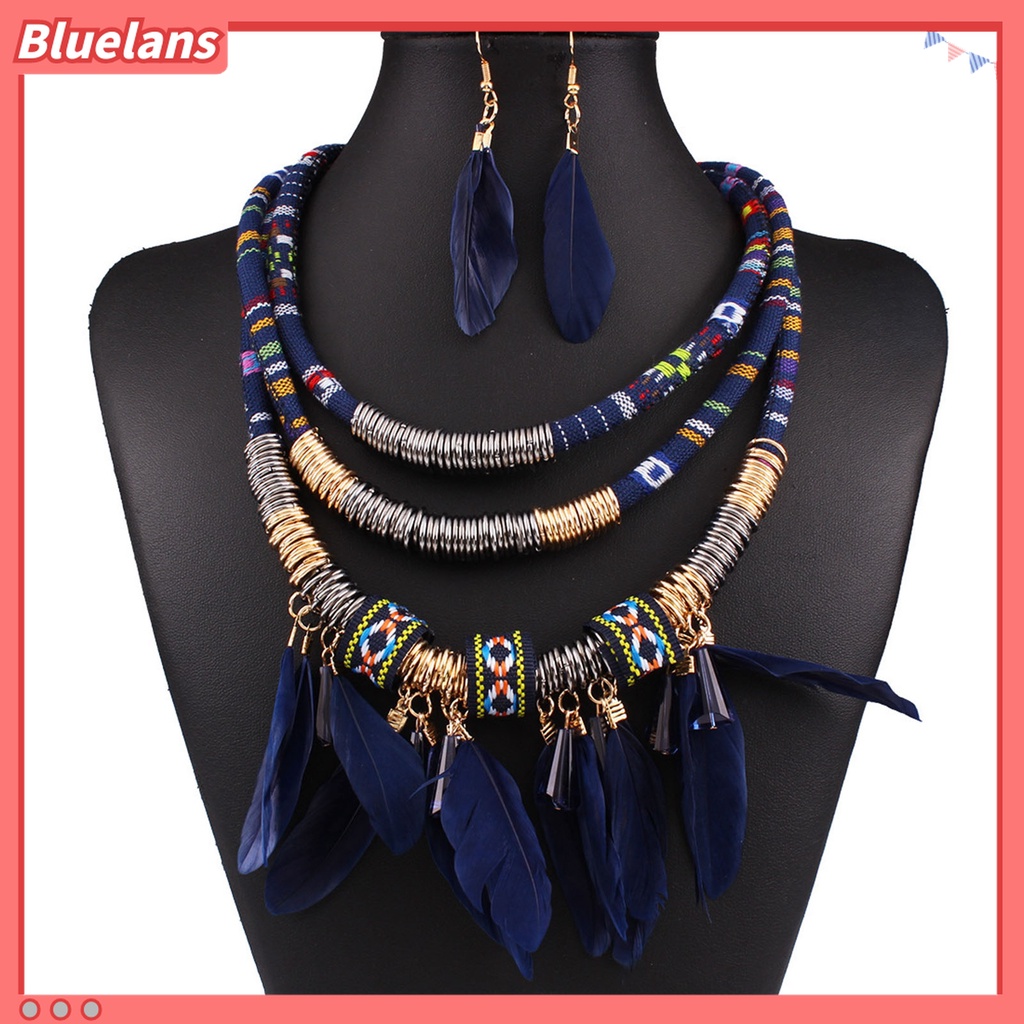 2pcs / Set Kalung Anting Rumbai Bulu Multilayer Bahan Alloy Gaya Bohemian Etnik Untuk Aksesoris Perhiasan