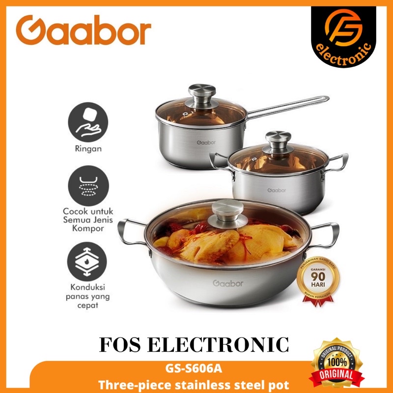 Gaabor Panci Set 3 item Stainless Steel Anti Karat Tutup Kaca Anti Lengket /GS-S606A