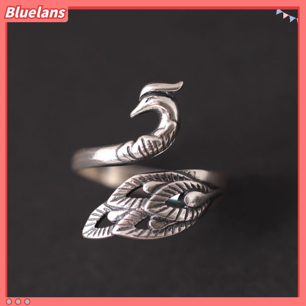 Bluelans Vintage Silver Pleated Engraved Peacock Women Open Ring Finger Jewelry Gift