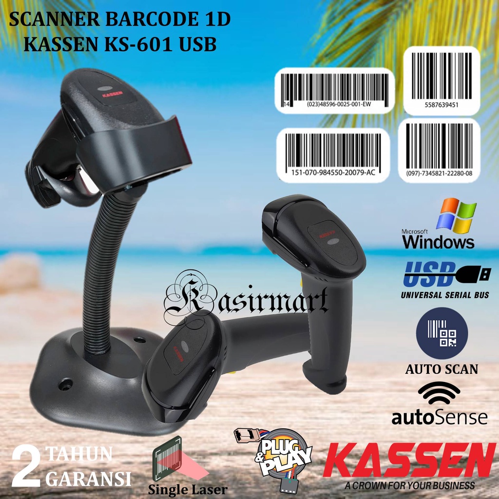 KASSEN KS601 SCANNER BARCODE 1D WIRED USB PLUS STAND KS-601 KS 601 SETARA PRJ-333