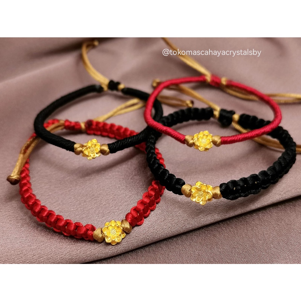 Gelang Charm Teratai Lotus Emas kadar 24k HK Hongkong 999.9% 9999 &amp; Gelang Serut (Kepang Serut / Plintir Serut)