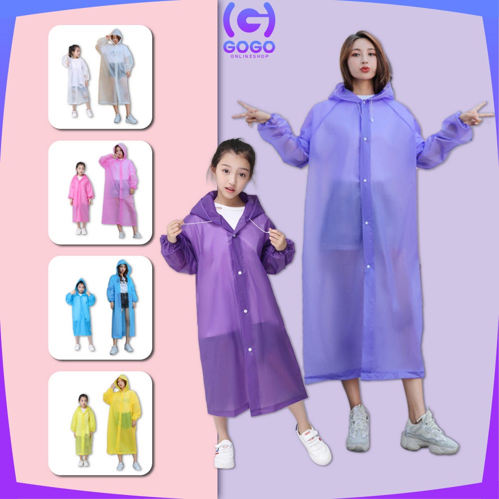 GOGO-C412 C413 Jas Hujan Terusan Bahan EVA RAINCOAT Mantel Hujan Anak Dan Dewasa Semi Transparan Polos Murah Import Berkualitas