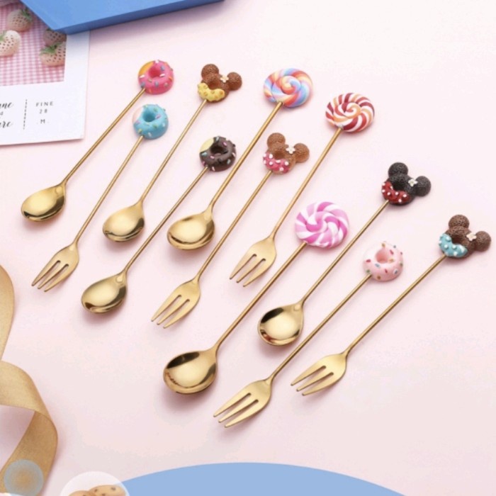 Cafe Sendok Garpu Lucu Dessert Kecil Karakter Korea Gold TeaSpoon