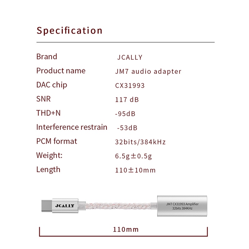 Jcally JM7 JM7L Kabel Audio Digital DAC CX31993 USB Tipe C 32bit / 384KHz Untuk Android / Apple