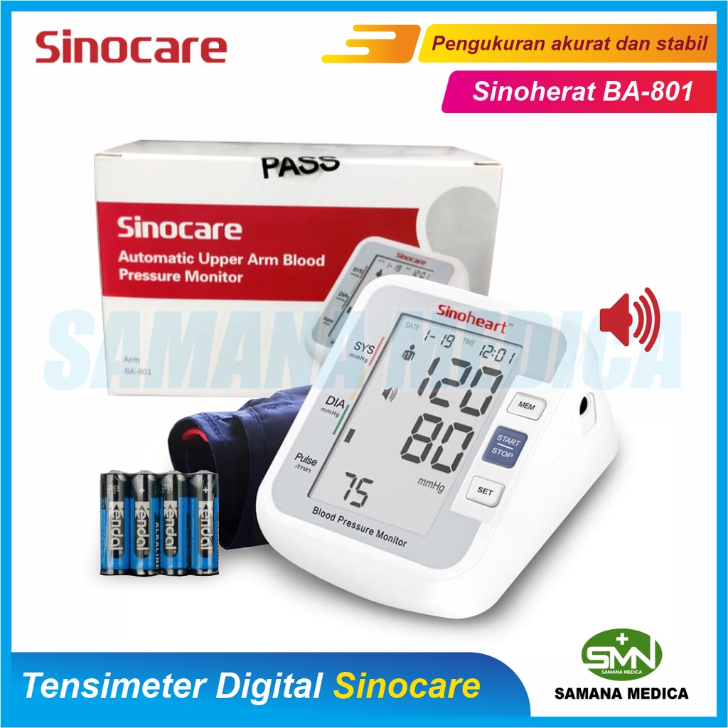 Tensimeter Digital dengan Suara SINOCARE Sinoheart BA-801 / BSX516 Alat Cek Tensi Tekanan Darah dan Nadi Tanpa Adaptor