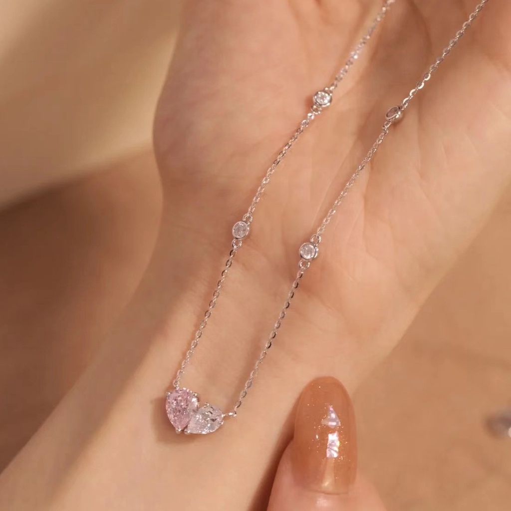 Pandora Kalung 925 Silver Dengan Liontin Hati Warna Pink Dan Putih Untuk Wanita