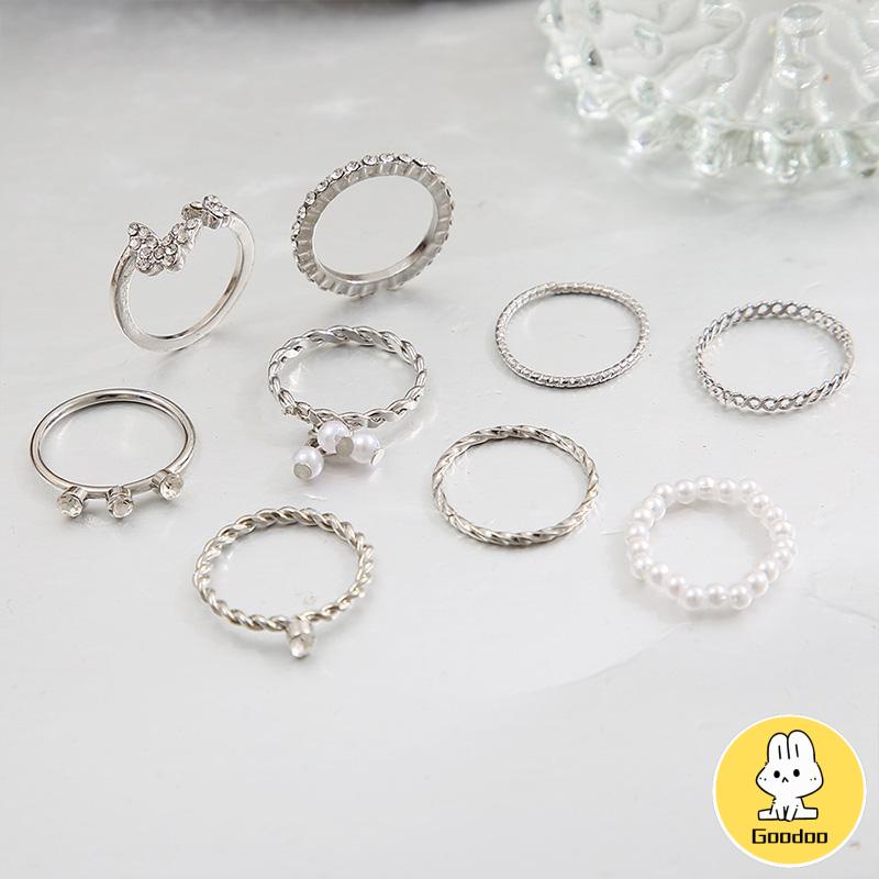 9 PCS Wanita Tipis Berongga Mutiara Kristal Kupu-kupu Berlian Premium Knuckle Ring Set -Doo