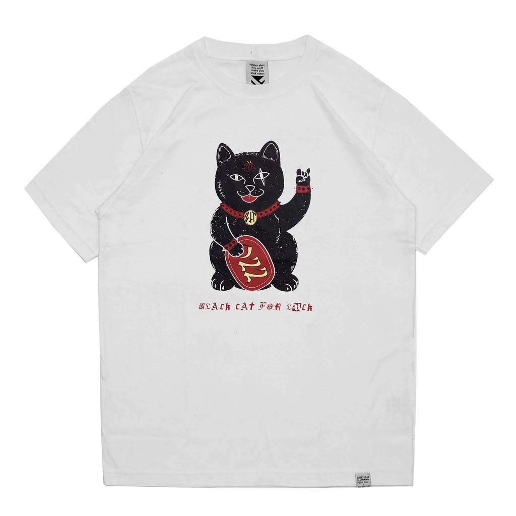 ZeroTwentyTwo T-shirt Black Cat for Luck White | Kaos Pria Gambar Kucing Lucu