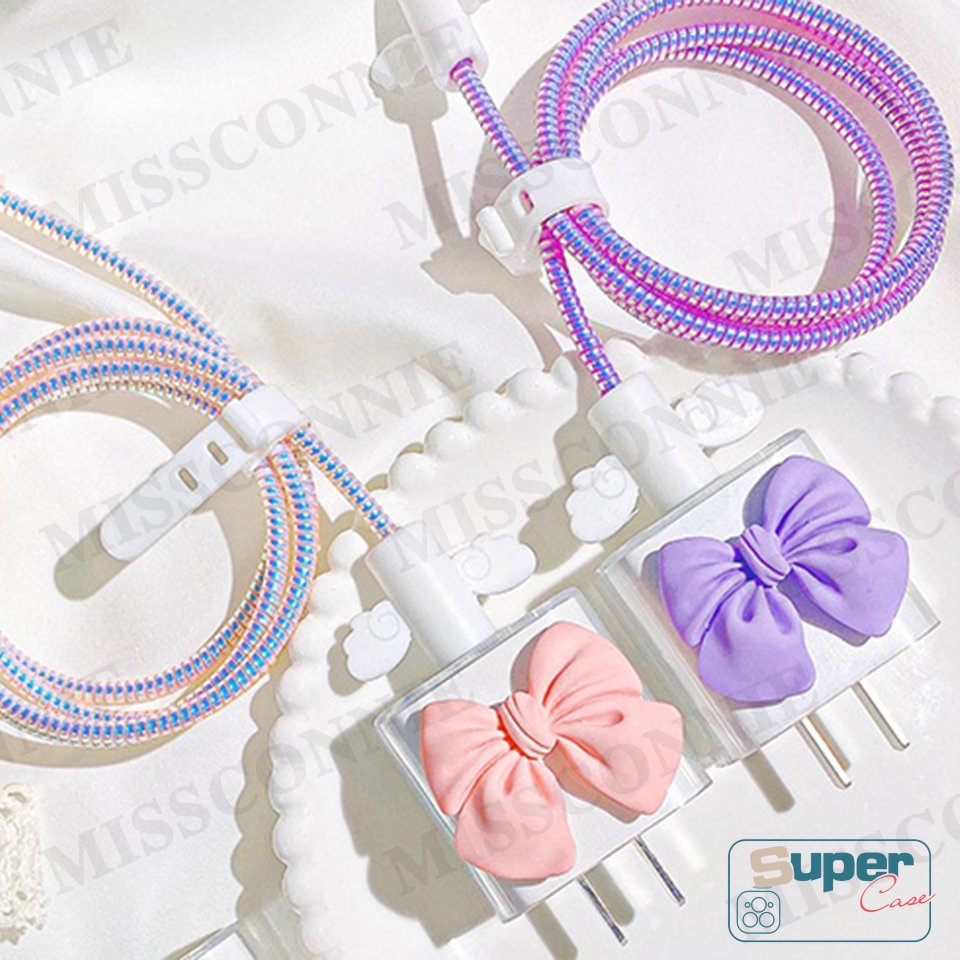 Set 5 In 1 Pelindung Kabel Data / Charger TPU Motif Kartun Pink / Ungu / Pita Untuk Apple 18 / 20W