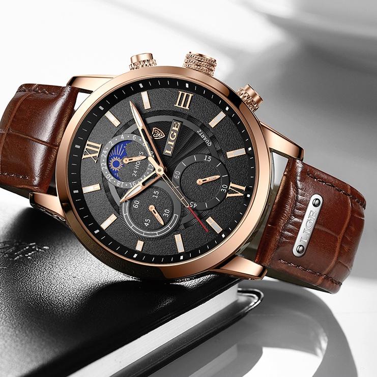 [300] LIGE 2022  original jam tangan pria tali kulit anti air olahraga kronograf jam tangan + kotak GUL5