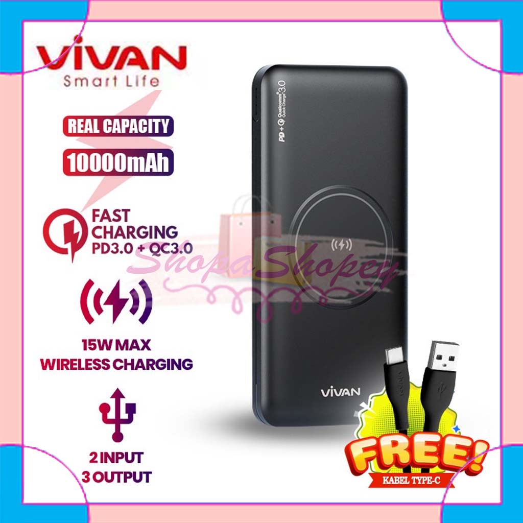 Powerbank 10000 mAh Wireless VIVAN VPB-W11 3 Output Fast Charging 20W QC 3.0 PD Support - Garansi Resmi 1 Tahun