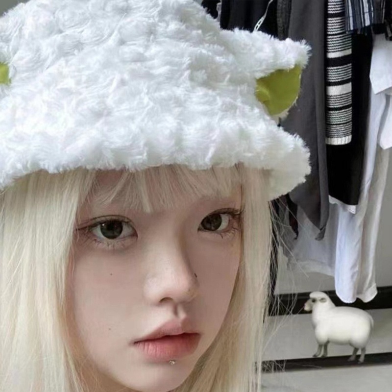 Topi Bucket Desain Telinga Domba Bahan Bulu Lembut Hangat Untuk Kostum Cosplay