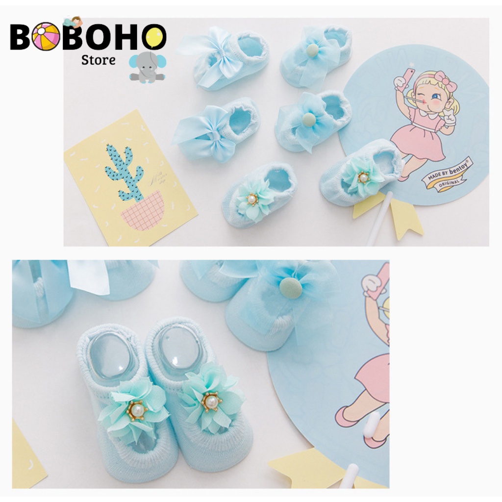 BOBOHO - KAOS KAKI BAYI PEREMPUAN NEWBORN 0-12 BULAN IMPORT KUALITAS PREMIUM KOREA MOTIF 3 JENIS BUNGA PITA