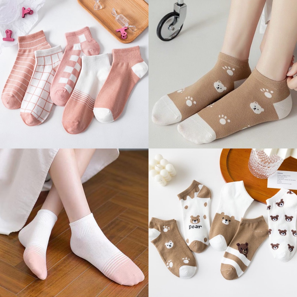 Mikusoo Kaos Kaki Pendek Fashion Motif Bear Brown Garis Kotak Pink Korea Cute Ankle Socks Import