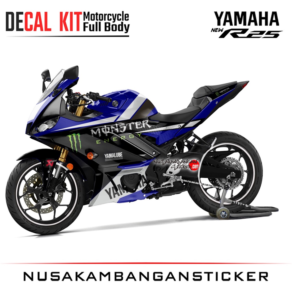 Stiker Decal Motor Yamaha R25 New Full Body Biru Putih Monster Grafis Racing Team Sticker Custom Var