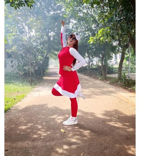 New Baju Senam Atasan Aquatic dan Legging Rok Nahrasport Merah Putih / Baju Olahraga Setelan Legging
