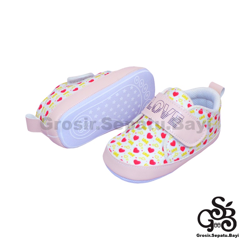 Sepatu Bayi - Baby Shoes - Prewalker  | 2-12 bulan | motif LOVE Pink ringan &amp; fleksibel