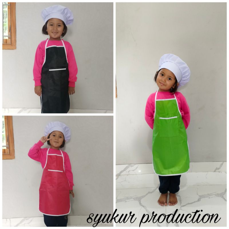 Jual PROMO CELEMEK ANAK APRON ANAK SET PLUS TOPI KOKI CHEF PUTIH TK SD