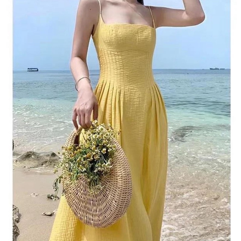 tube maxi dress kuning dengan lipit di pinggang lapis furing CODE TG-1118